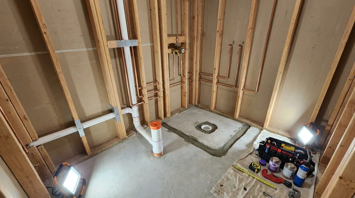 Bathroom rough-in plumbing during remodel by Johns Plumbing LLC in Middleville