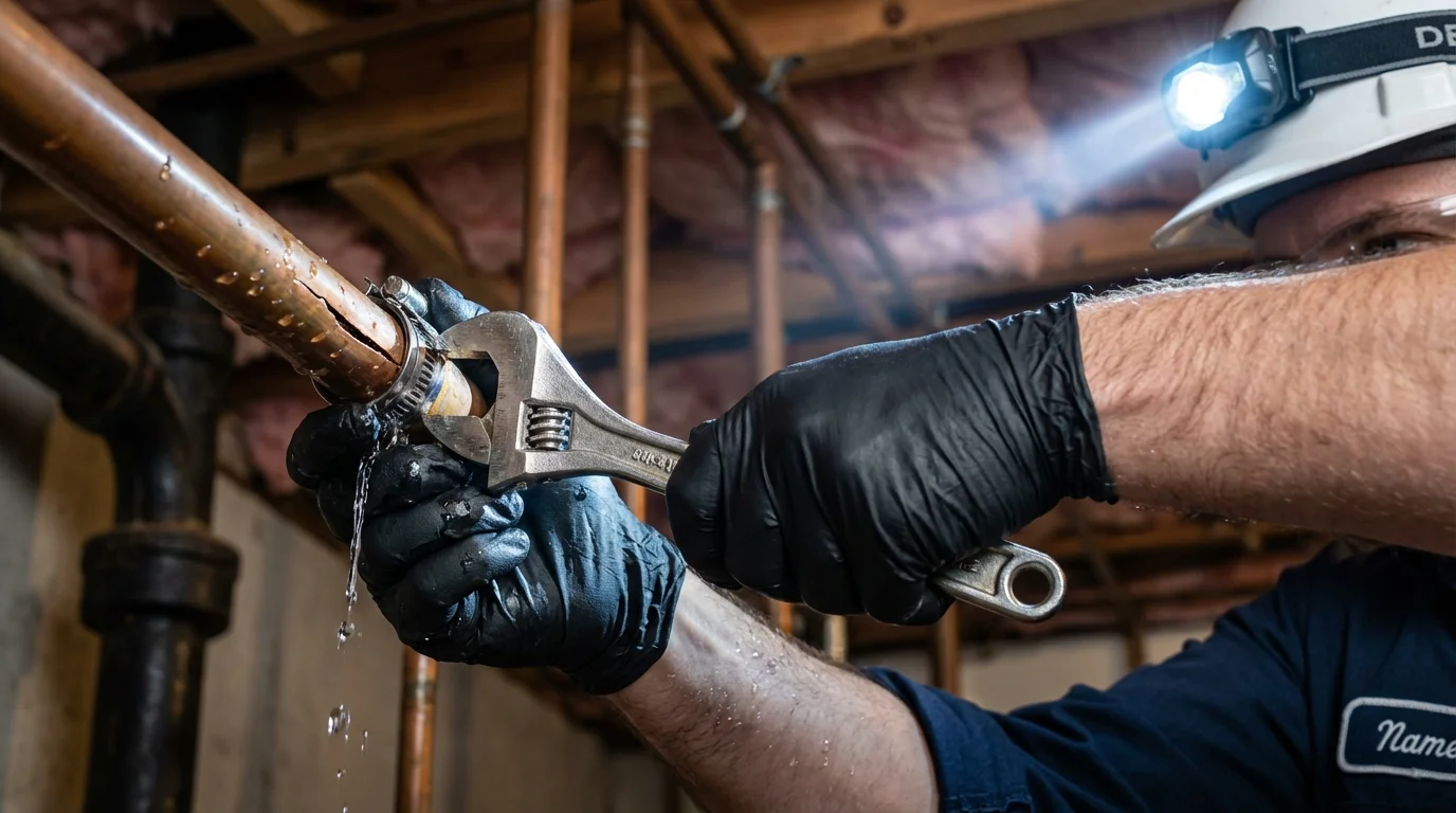 Emergency pipe clamp repair being performed by a Johns Plumbing LLC plumber in Middleville
