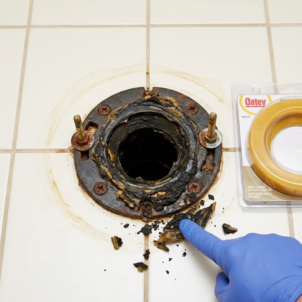 Failed wax ring showing water seepage at the base of a toilet in a Middleville, MI home