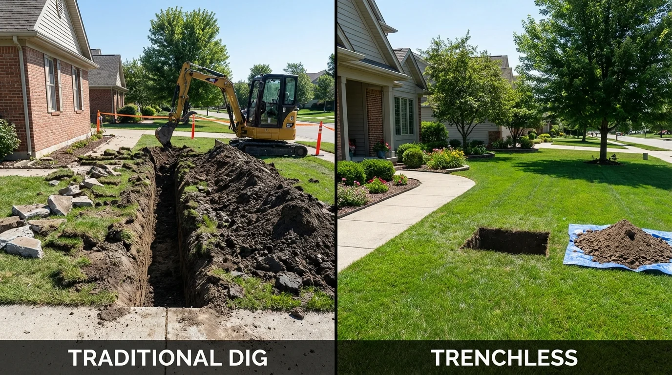 Trenchless sewer repair with minimal yard damage versus traditional excavation in Middleville, MI