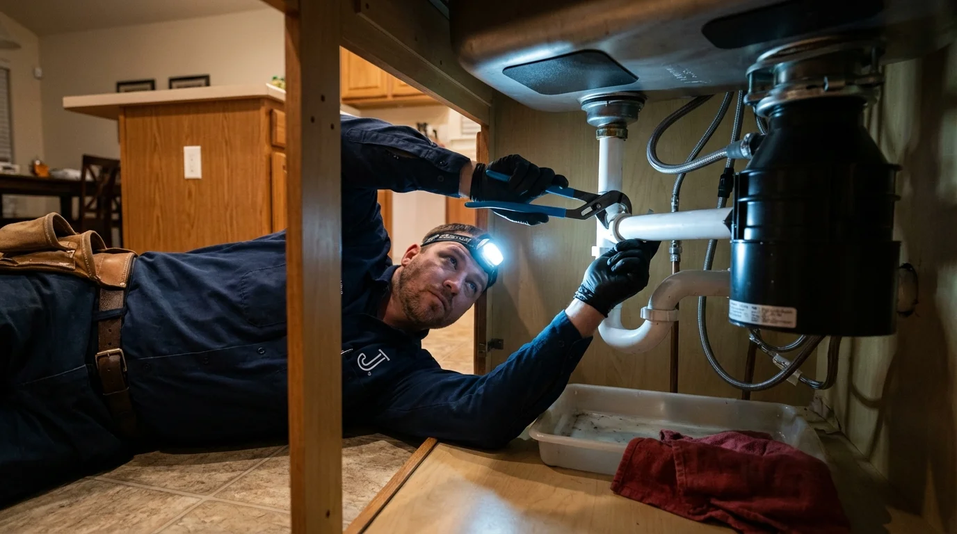 P-trap and supply line connections under a kitchen sink showing a common leak point in Middleville, MI